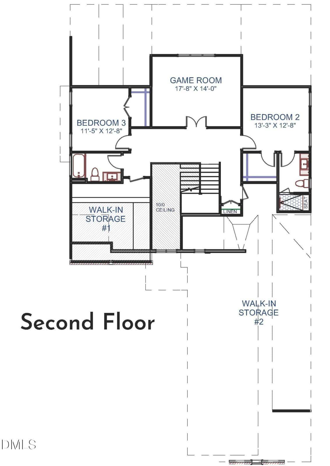 Second floor plan showing two bedrooms, a game room, two walk-in storage areas, a bathroom, and a staircase. Bedroom 2 and the game room are larger; walk-in storage areas are labeled #1 and #2.