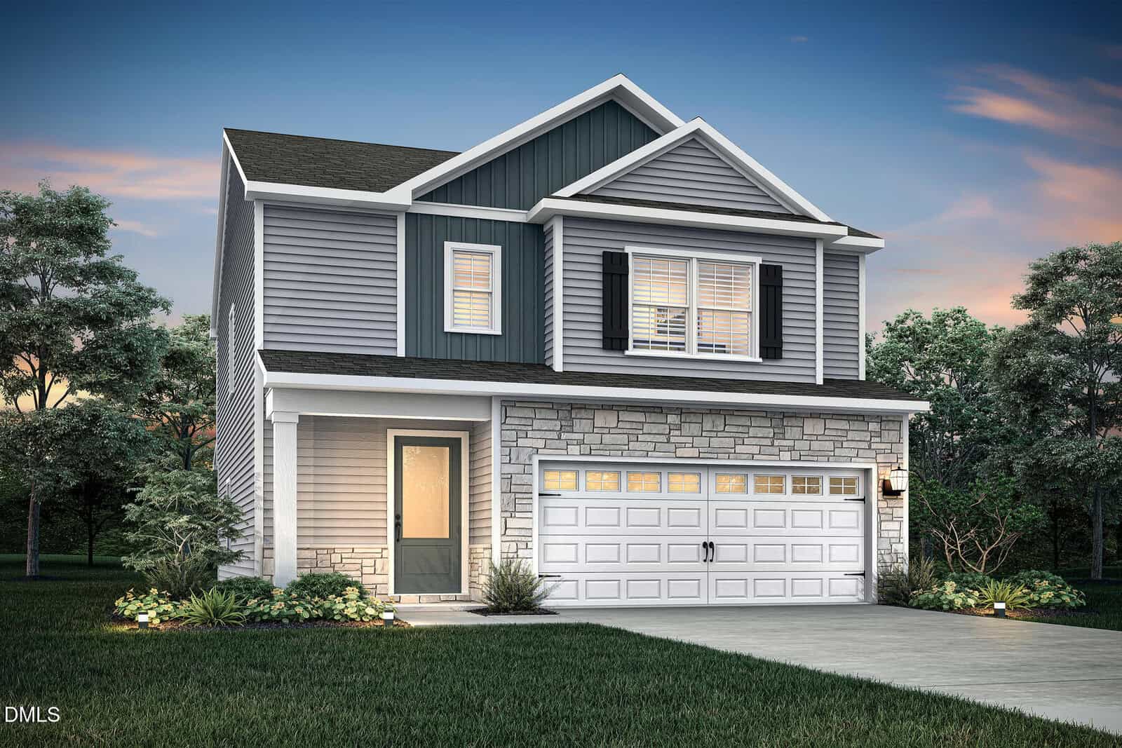 Two-story modern house with gray siding, stone accents, black shutters, double garage, and a well-kept lawn. Nestled at 165 Symmetry Loop in Youngsville, this home is surrounded by trees and set against a soft blue dusk sky.
