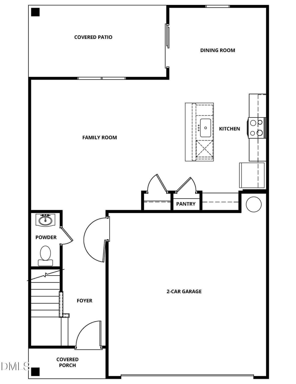 Black and white floor plan showing a 2-car garage, foyer, powder room, pantry, kitchen, dining room, family room, covered patio, and covered porch. Rooms are labeled and connected with clear doorways.