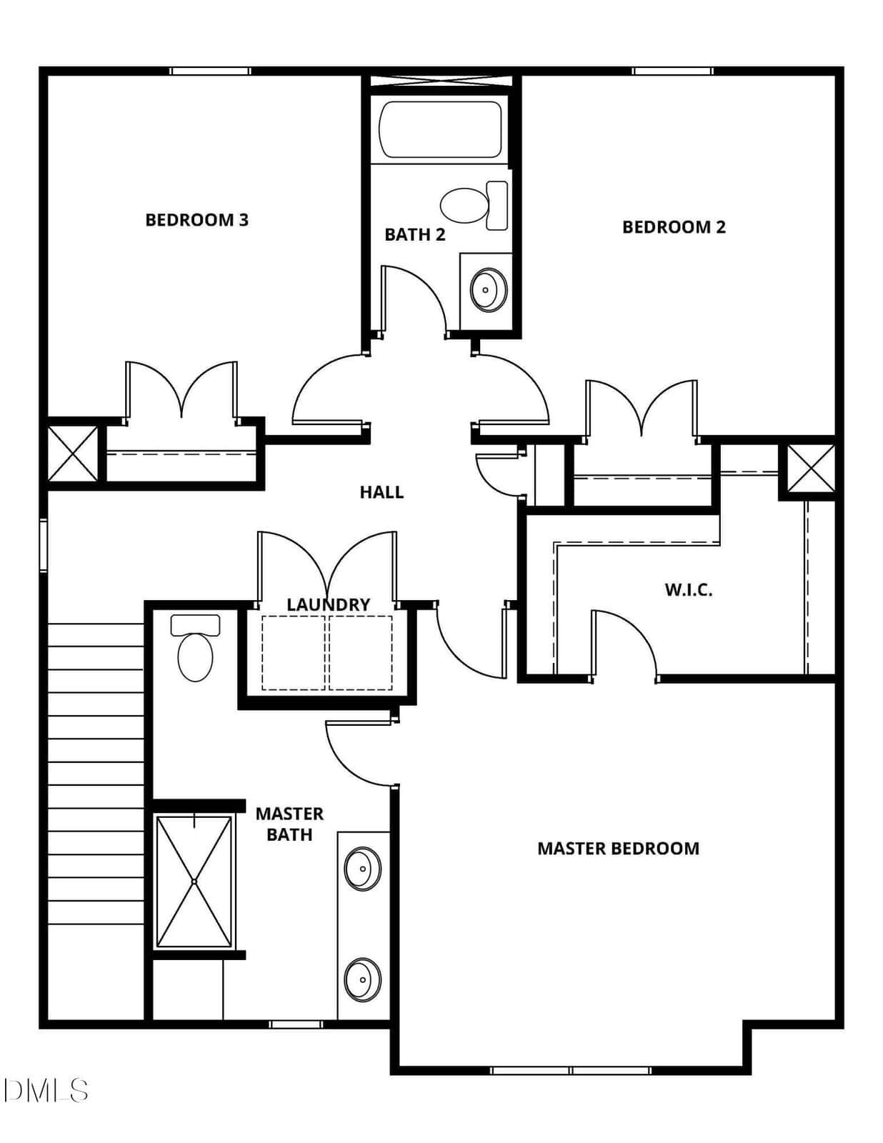 Black and white floor plan of a house's upper level with three bedrooms, two bathrooms, a laundry room, a walk-in closet, and a central hall. The master bedroom has an en-suite bath and walk-in closet.