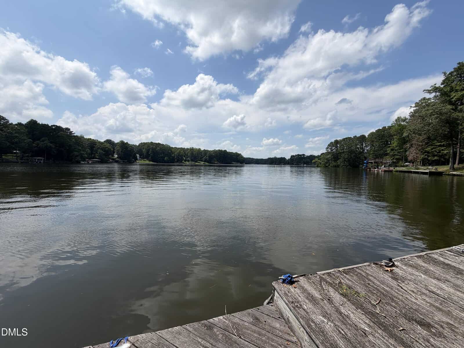 View from a wooden dock overlooking a calm lake, surrounded by dense green trees under a partly cloudy sky. The water reflects the sky and the shoreline is visible in the distance.