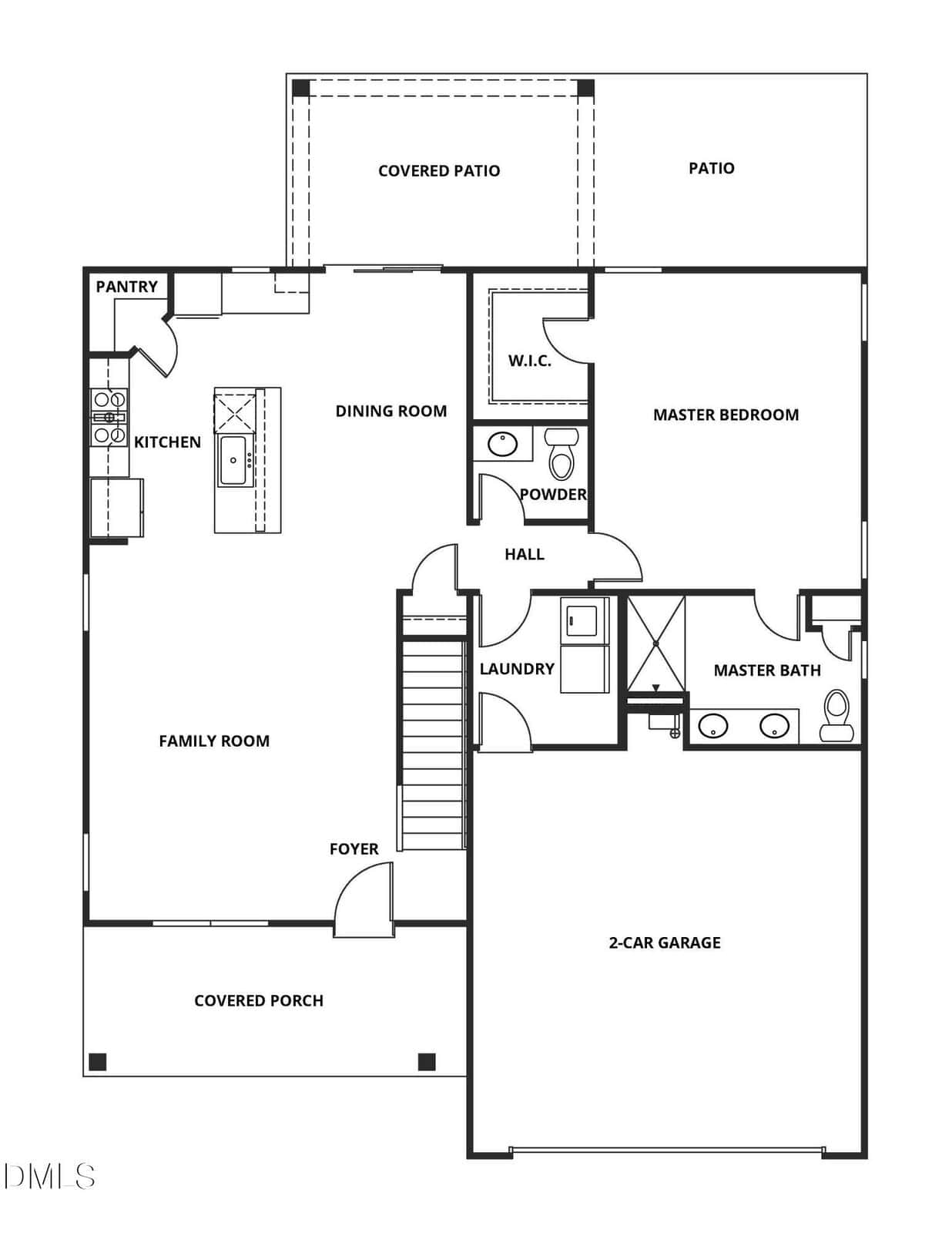 Black and white floor plan showing a foyer, family room, kitchen, dining room, master bedroom with master bath, laundry, hall, powder room, W.I.C, pantry, 2-car garage, covered porch, and covered patio.