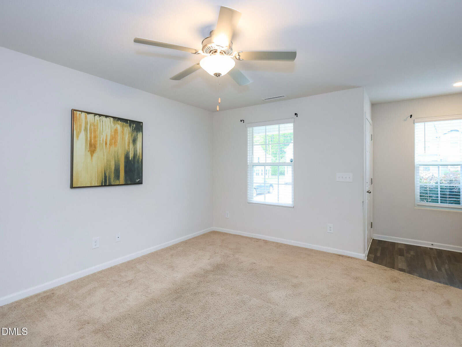 A carpeted room with white walls, a ceiling fan with light, abstract wall art, two windows, and a small section of wood flooring near the entrance.