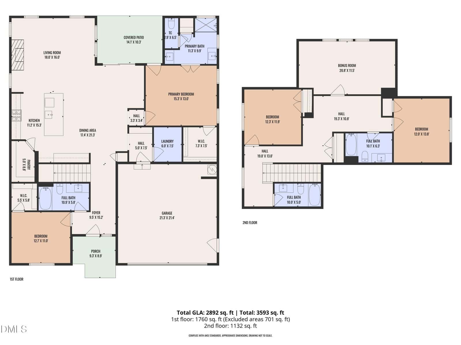 A two-story floor plan shows five bedrooms, four bathrooms, a kitchen, dining, living areas, laundry room, garage, and covered patio. First floor is larger than the second. Total area: 3,593 sq. ft.
