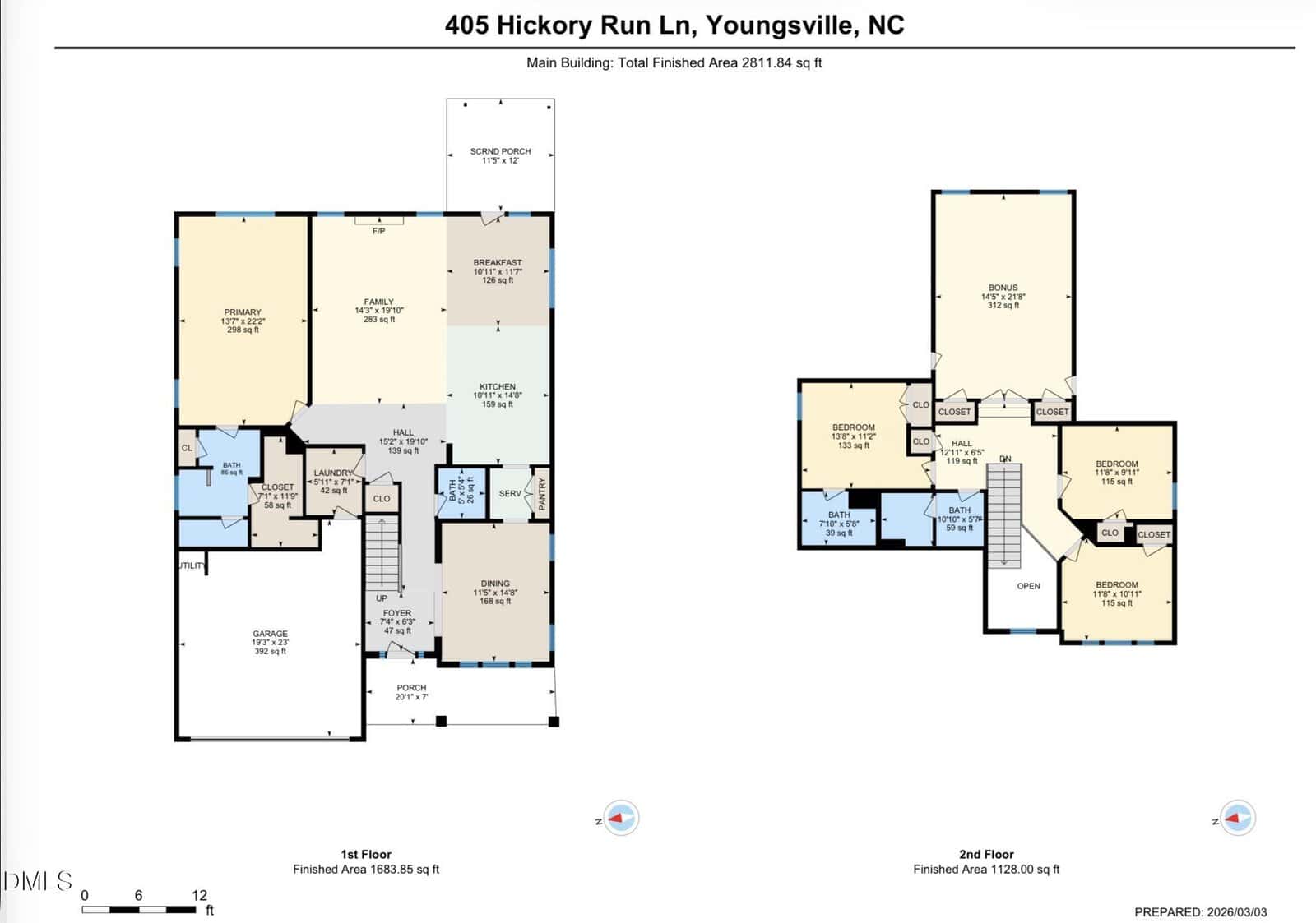 Floor plans of a two-story house showing labeled rooms, bathrooms, closets, and garages on both floors, with the total finished area and measurements for each room provided. The address is 405 Hickory Run Ln, Youngsville, NC.