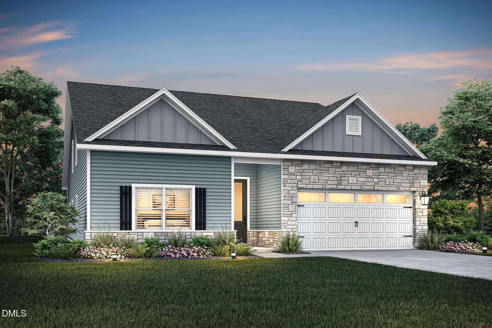 Charming single-story suburban house located at 60 Arch Way, Youngsville, featuring blue siding, a stone facade, gable roof, white trim, and a spacious two-car garage. The front yard showcases lush green grass, shrubs, flowers, and a concrete driveway.