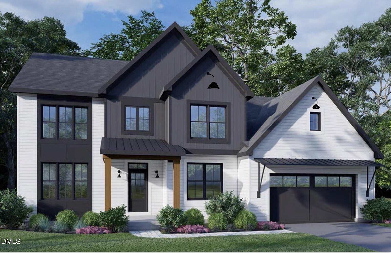 Modern two-story house with black and white exterior, large windows, two prominent black gables, covered entry, and an attached two-car garage. Situated at 104 Spring Grove Drive in Oxford, the yard features green grass, bushes, and trees in the background.