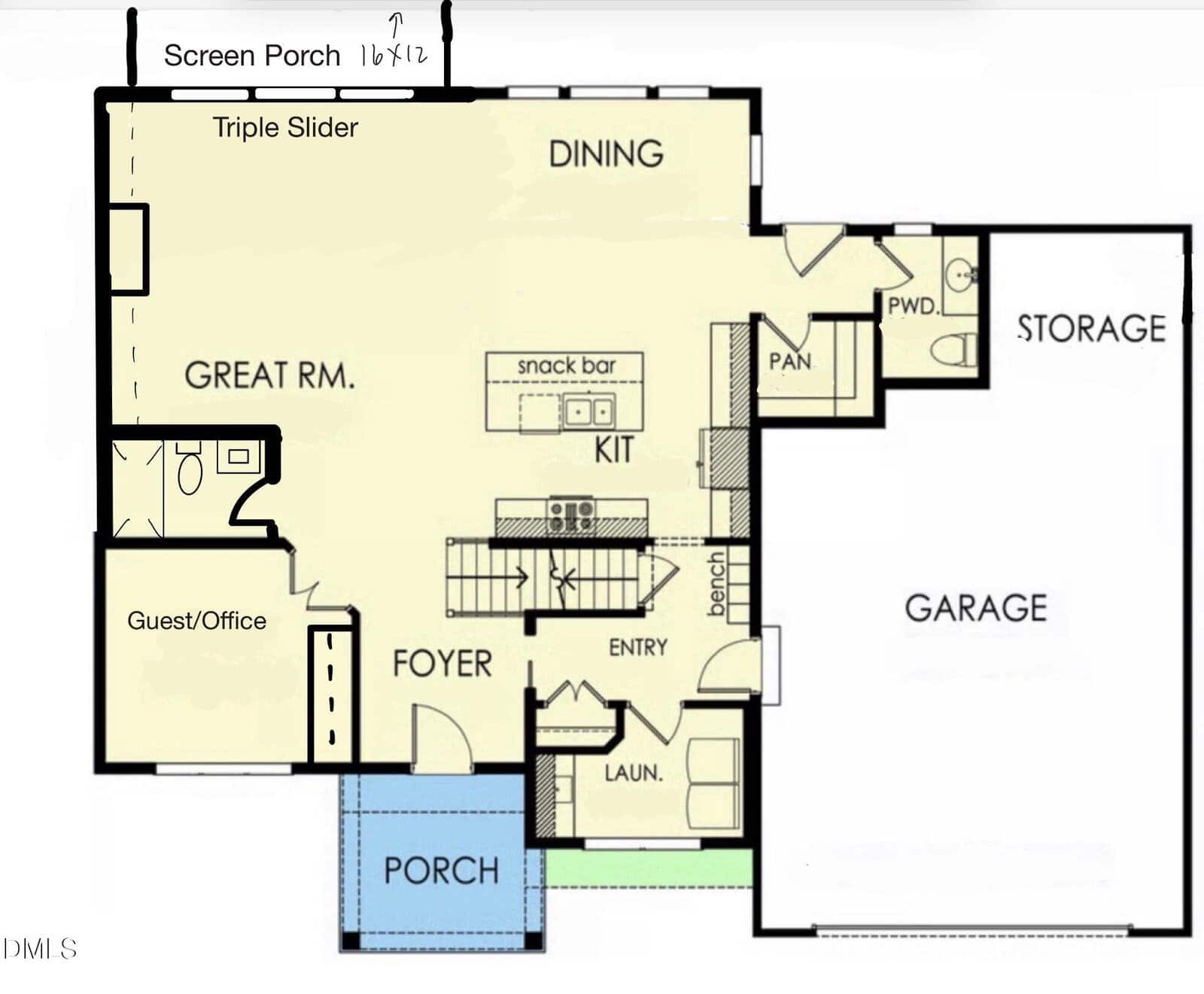 A floor plan showing a porch, foyer, guest/office, great room, kitchen with snack bar, dining area, pantry, laundry, garage, storage, and a screened porch with a triple slider door.