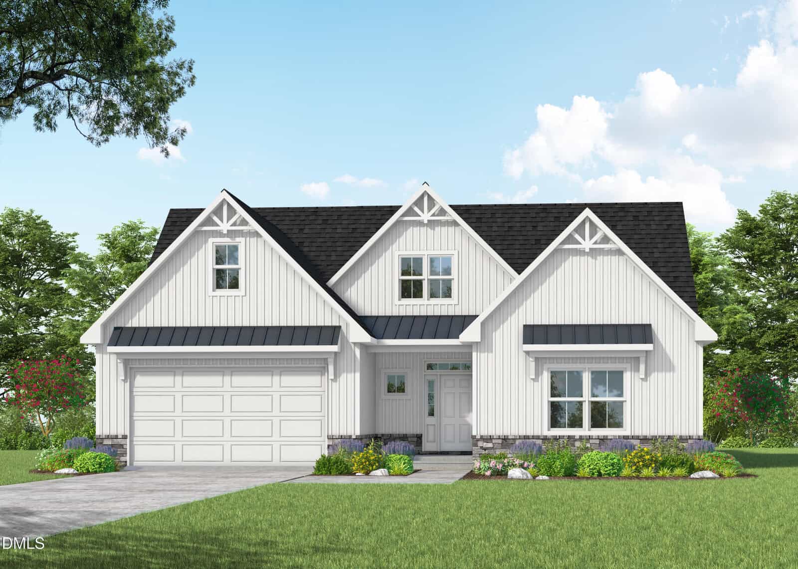 A white modern farmhouse with black shingles, two front gables, a double garage, and a small covered entry. The house is surrounded by grass, bushes, and trees under a partly cloudy sky.