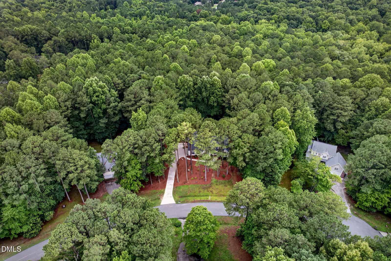 Aerial view of a house surrounded by dense, green forest with a curved driveway connecting to a paved road. Other houses are partially visible among the trees. The landscape is lush and heavily wooded.