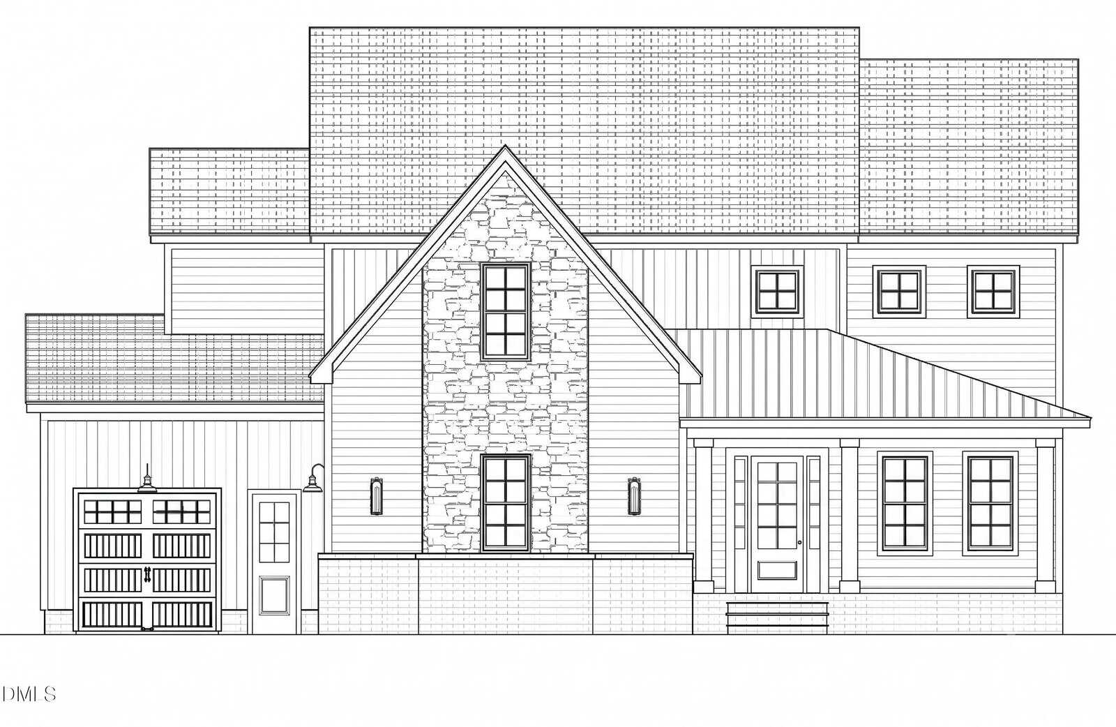 Black and white architectural drawing of a two-story house with a gabled roof, front porch, attached garage, stonework accents, and multiple windows. Located at 135 Seabury Way in Youngsville, the house features symmetric and sharp geometric lines.