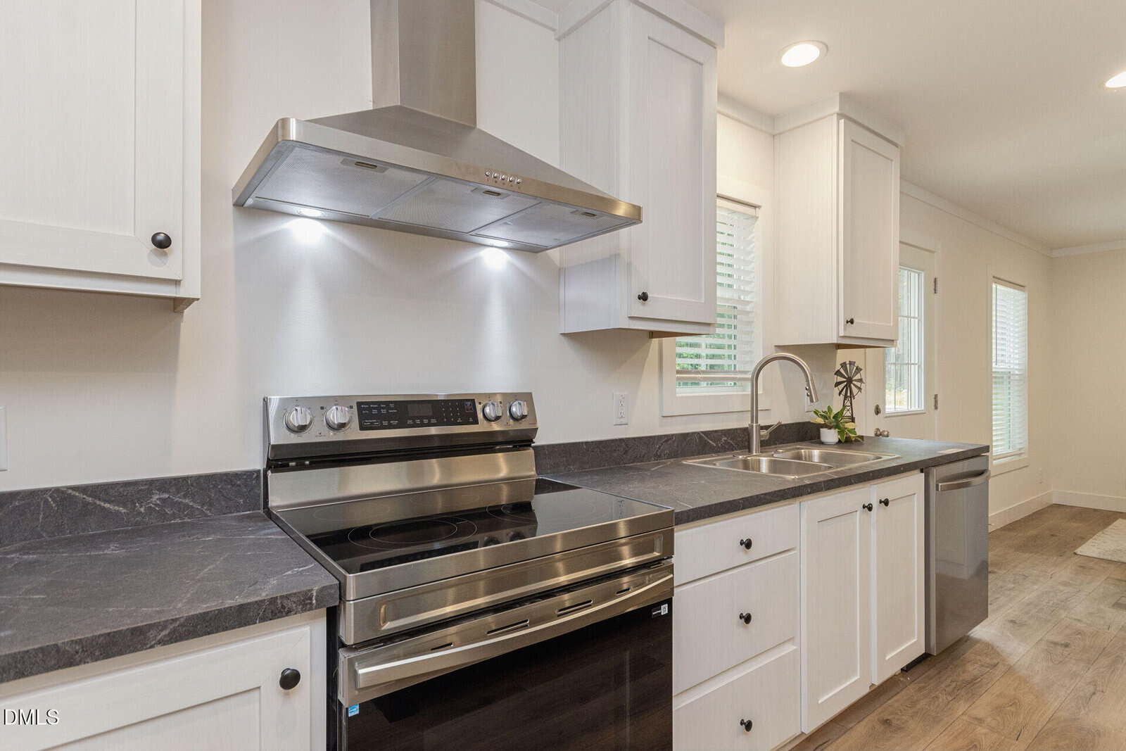 Modern kitchen with white cabinets, stainless steel oven and range hood, dark countertops, sink, dishwasher, and wood flooring. Bright lighting and windows provide natural light.