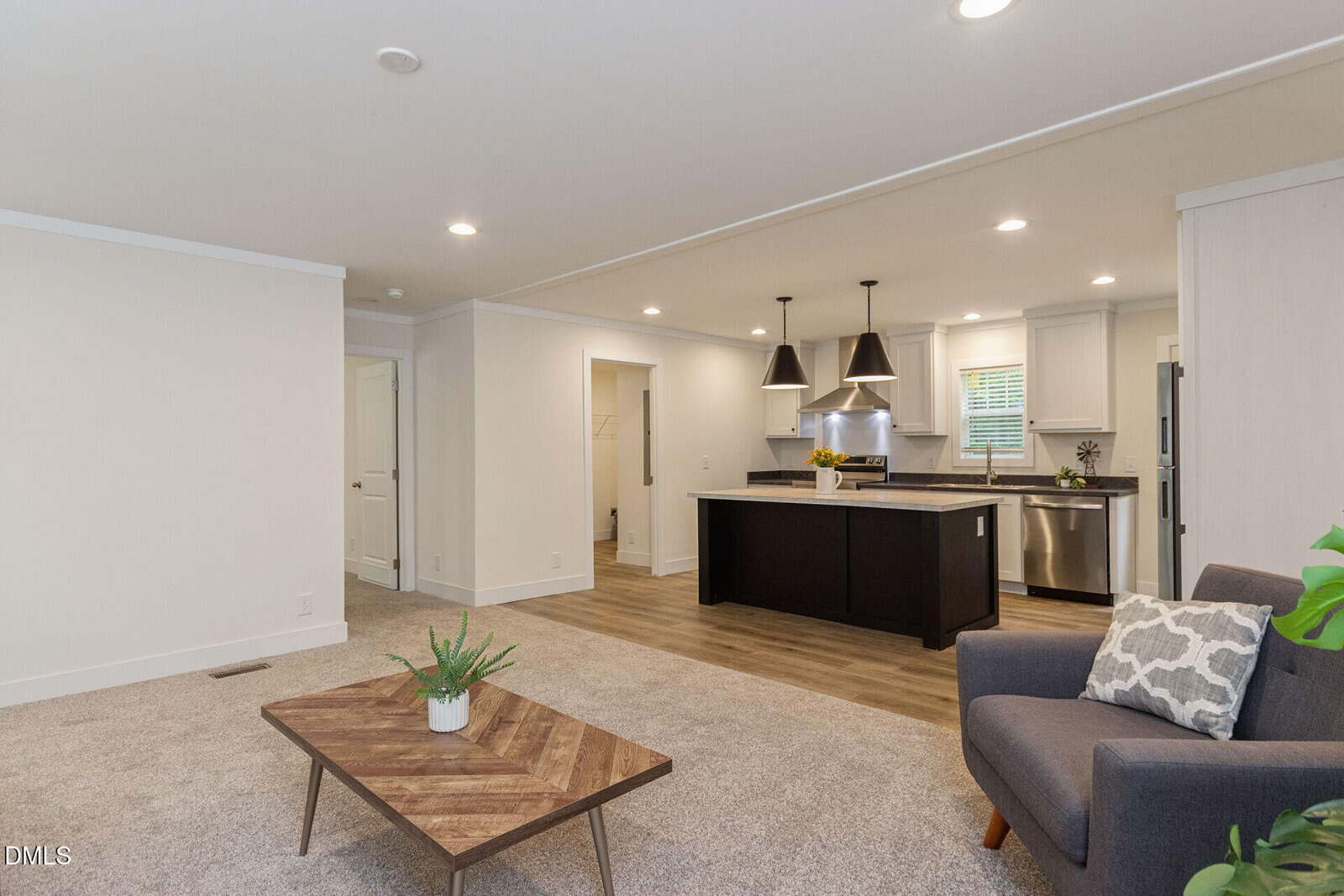 Open plan living area with beige carpet, a wood coffee table, gray armchair, and potted plants. The kitchen features dark cabinets, stainless steel appliances, pendant lights, and wood flooring. Neutral walls throughout.