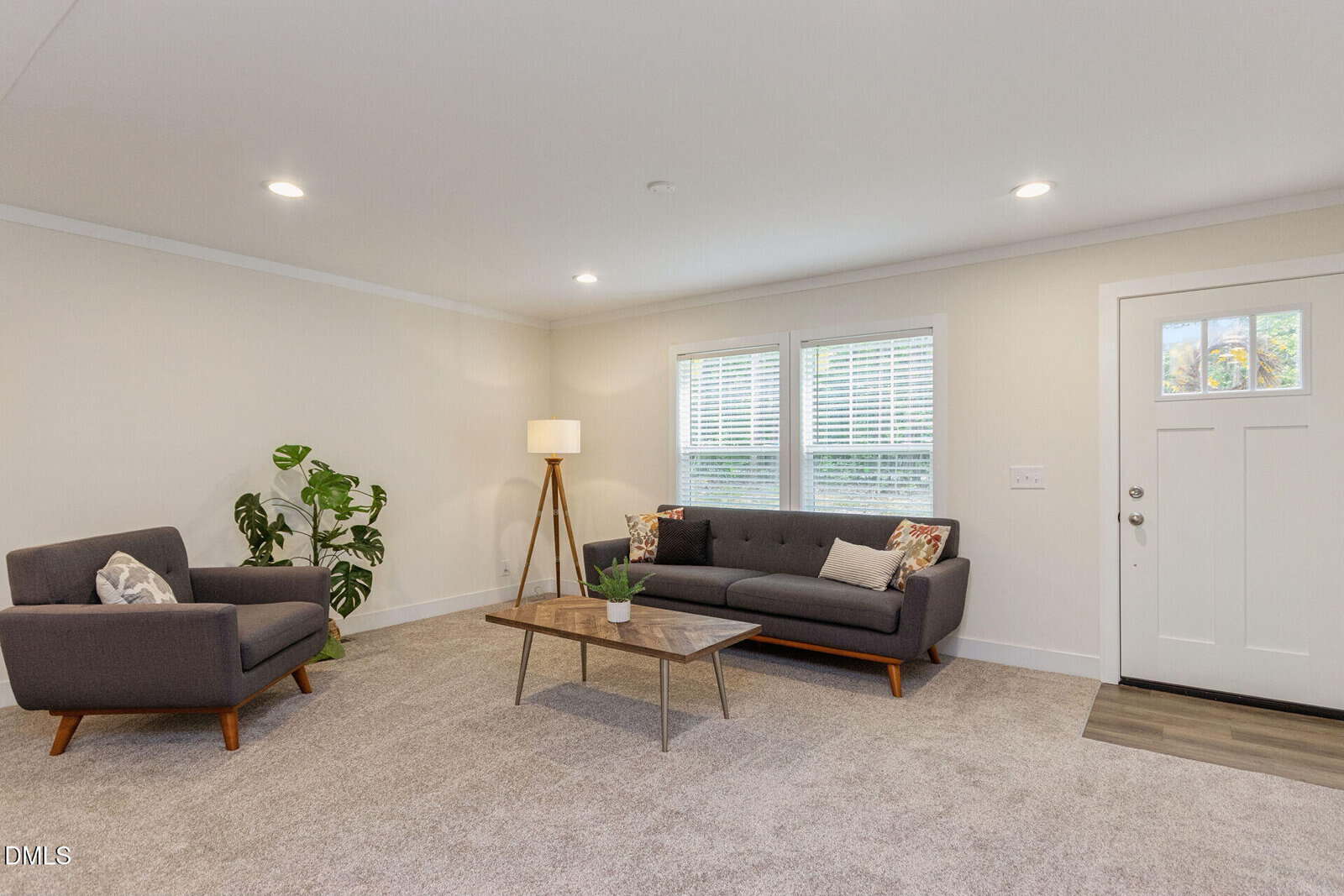 Living room with beige carpet, gray armchair, gray sofa, wooden coffee table, floor lamp, green plant, and two windows with blinds next to a white front door. Ceiling lights are on, and walls are painted light beige.