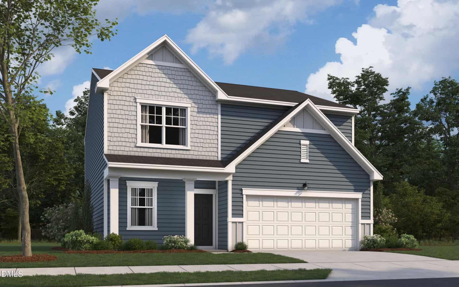 A two-story house with blue-gray siding, white trim, and a double garage is nestled at 210 Tar Banks Drive in Louisburg. The front yard features green grass, small shrubs, and a tree, while the sky is partly cloudy and trees are visible in the background.