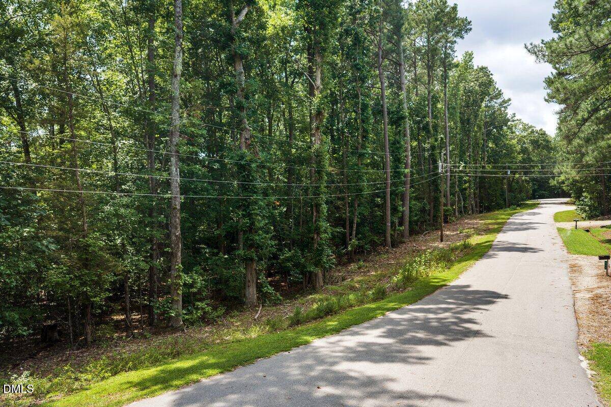 A paved road curves through a wooded area with tall trees on the left and grass on the right. Power lines run alongside the road under a partly cloudy sky.