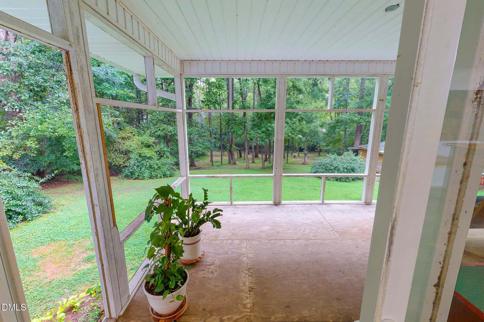 A screened porch with a wooden floor features two potted plants. The porch overlooks a green backyard with grass and trees. The scene appears peaceful and well-shaded.