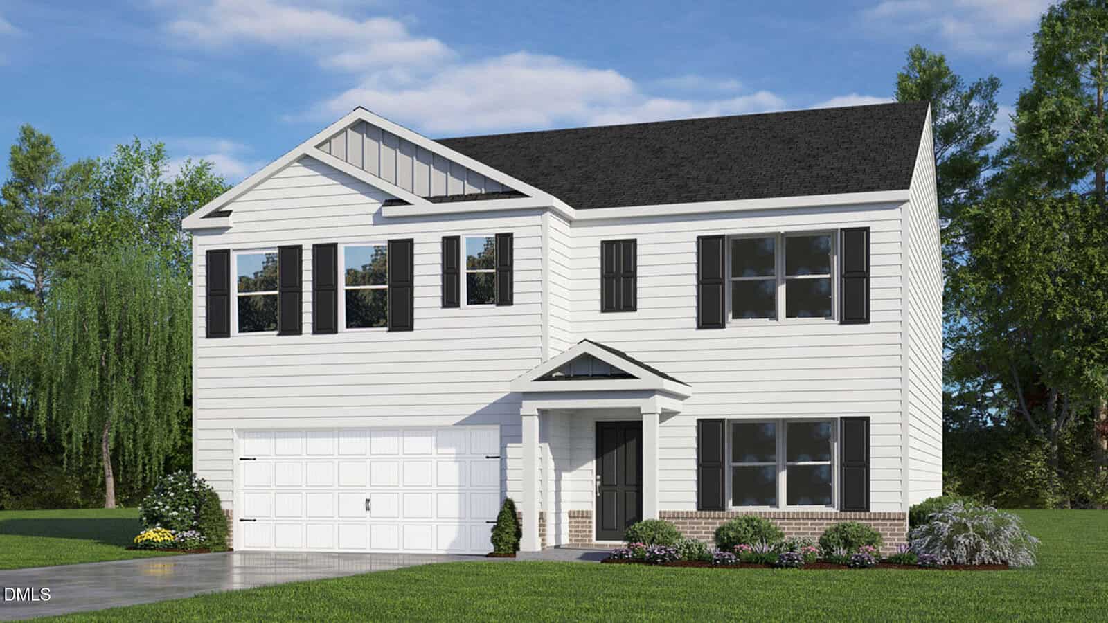 A two-story white house with black shutters stands elegantly at 79 Richmond Run, featuring a covered front porch, double garage, large windows, and a landscaped front yard with trimmed stemmed shrubs, all set against a backdrop of trees under a partly cloudy sky.