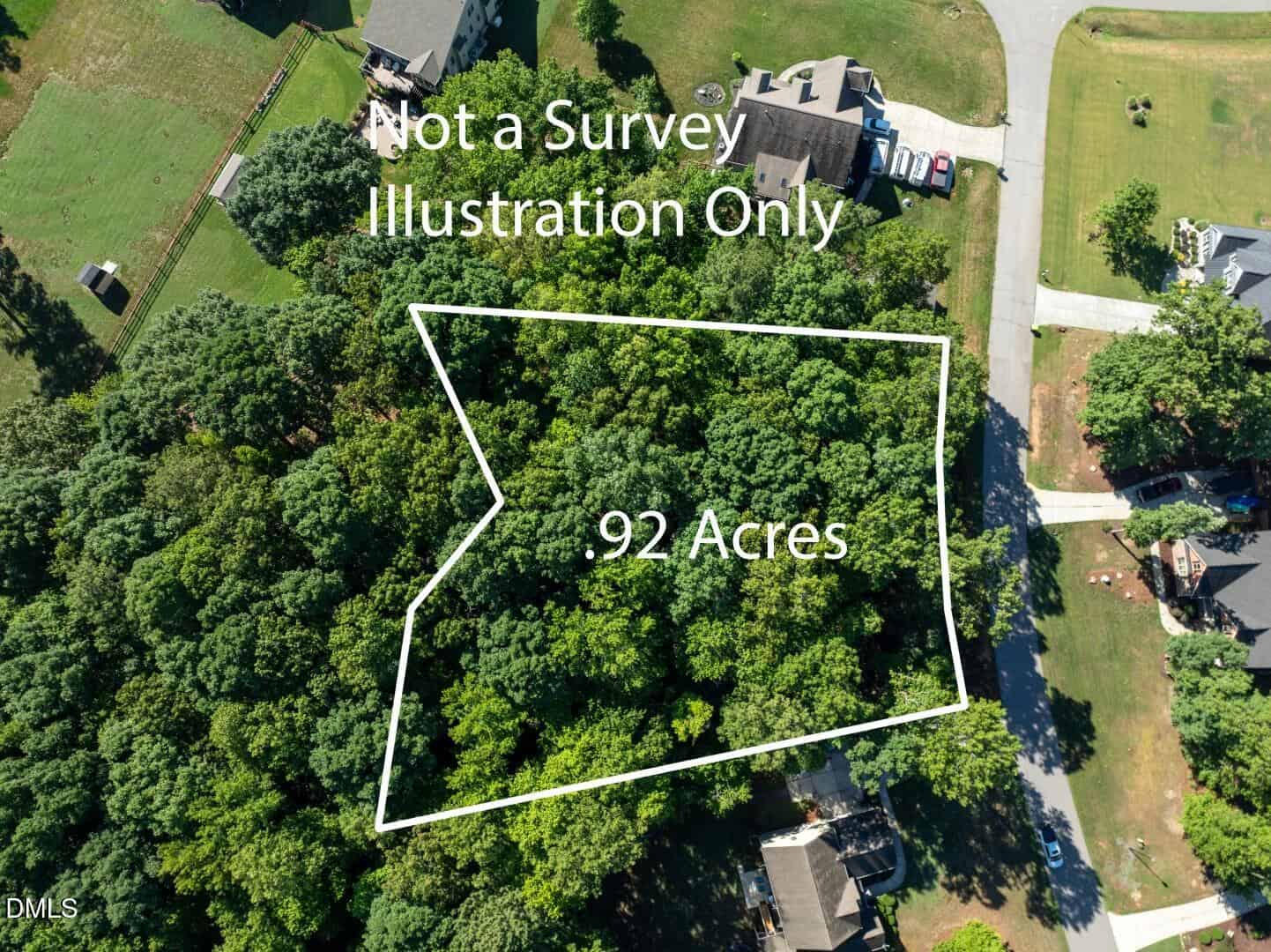 Aerial view of a wooded lot at 1722 River Run Court, Franklinton outlined in white, labeled “.92 Acres” with “Not a Survey Illustration Only” text; surrounded by homes, roads, and trees.