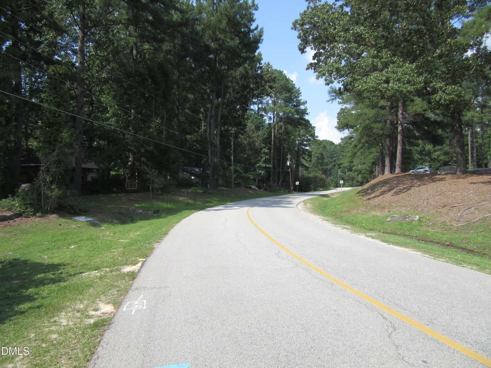 A two-lane road curves through a wooded area with tall trees on both sides. Grass lines the roadside, and a car is parked on the right in the distance. The sky is partly cloudy.