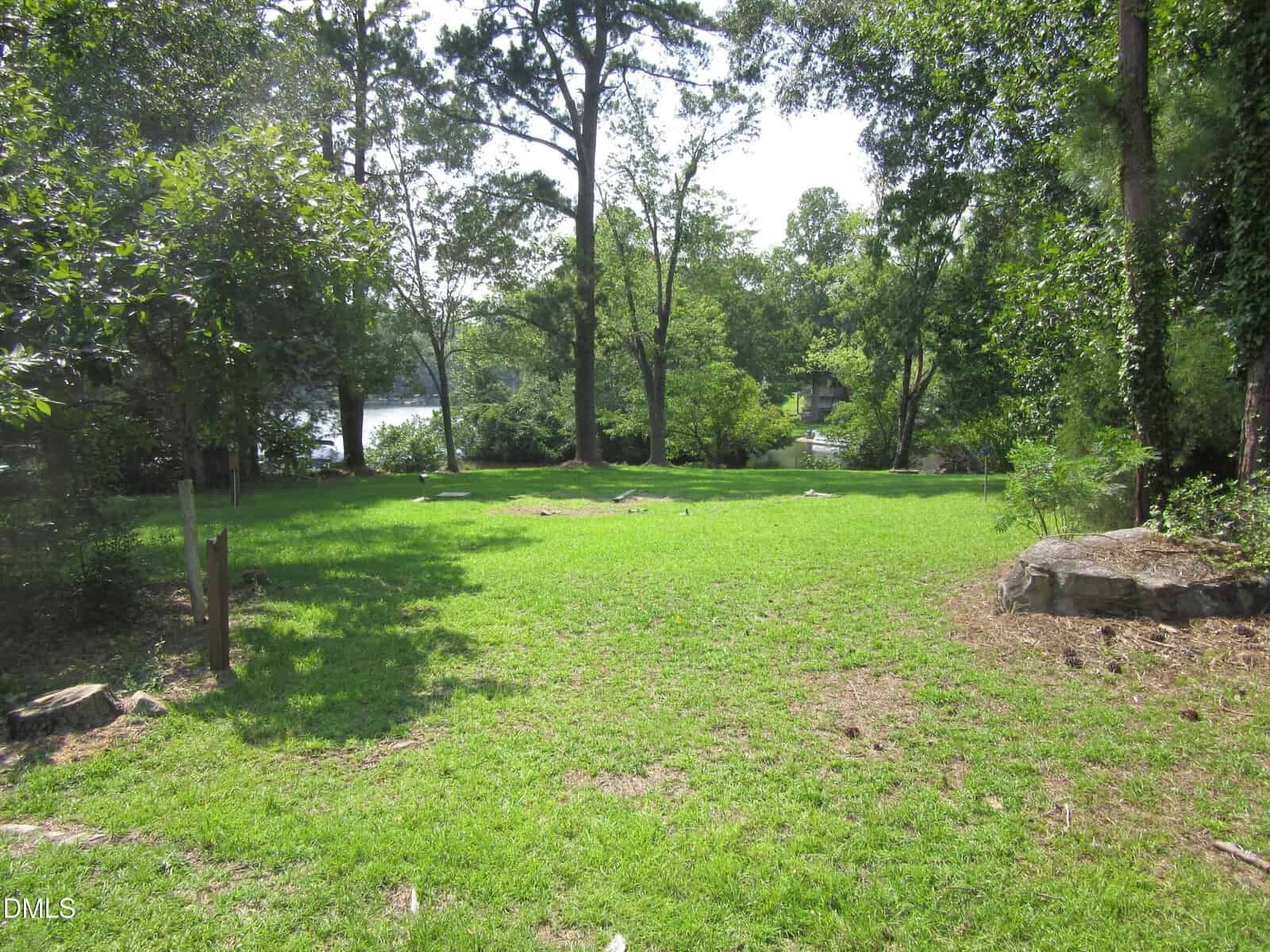 A grassy area with scattered trees and partial shade, bordered by rocks on the right. A lake is visible in the background through the trees. The scene is well-lit with sunlight.