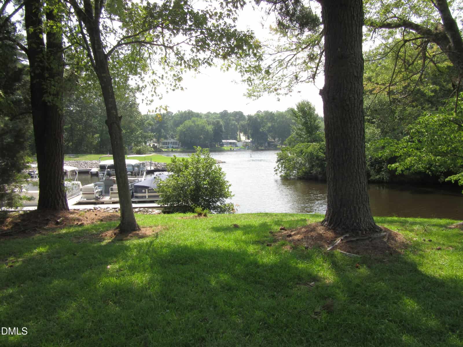 View of a small marina with several boats docked, seen through two large trees on a grassy lawn at 1631 Sagamore Drive, Louisburg. Calm water and wooded shoreline are visible in the background under a bright sky.