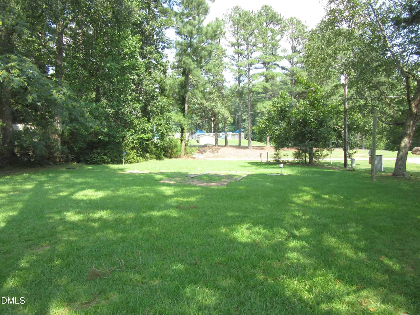 A grassy yard with trees along the edges, some shade, and a clear blue sky above. A small road and more trees are visible in the background.