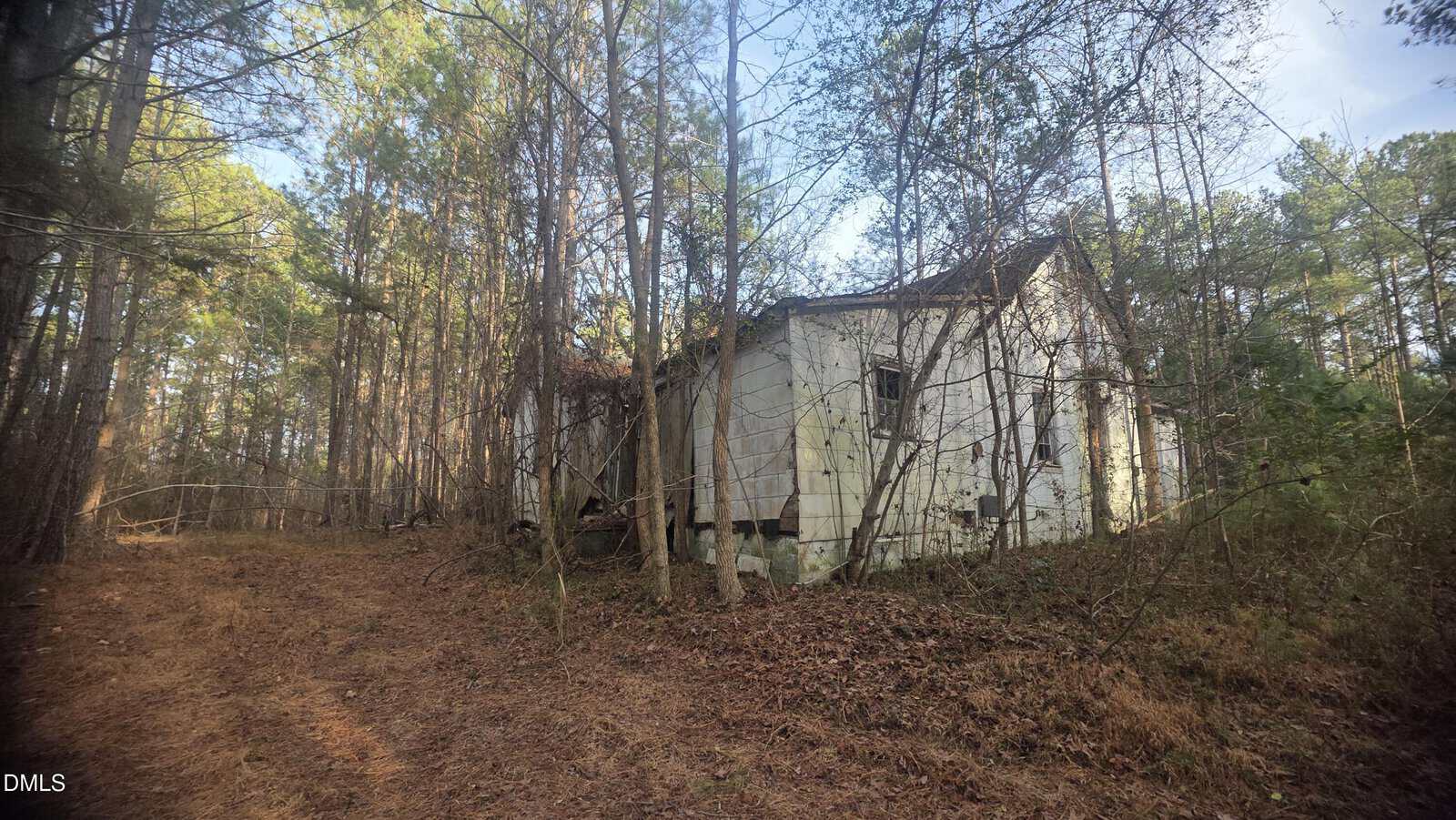 An abandoned white house with a collapsed roof sits among tall trees and overgrown brush. The structure appears weathered, with missing shingles and peeling paint. Sunlight filters through the surrounding forest.