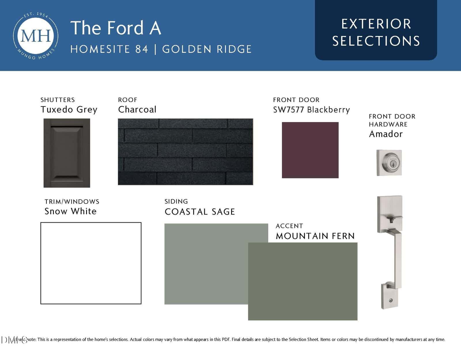 Exterior selections for The Ford A home: Tuxedo Grey shutters, Charcoal roof, Snow White trim/windows, SW7577 Blackberry front door, Amador hardware, Coastal Sage siding, and Autumn Fern accent color.
