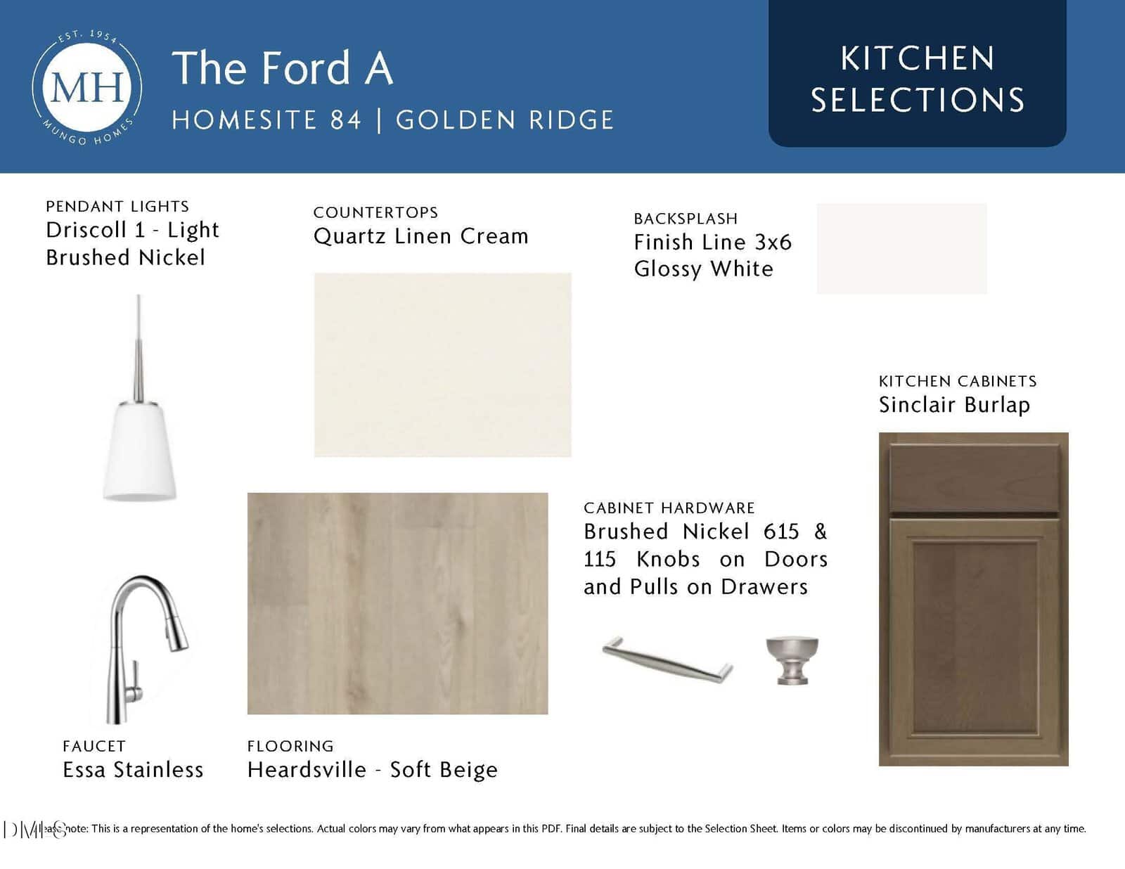 Kitchen selections board with samples for countertops, backsplash, cabinet hardware, flooring, faucet, and pendant light. Includes a cabinet door and swatches labeled with colors and finishes for each item in a new home kitchen design.