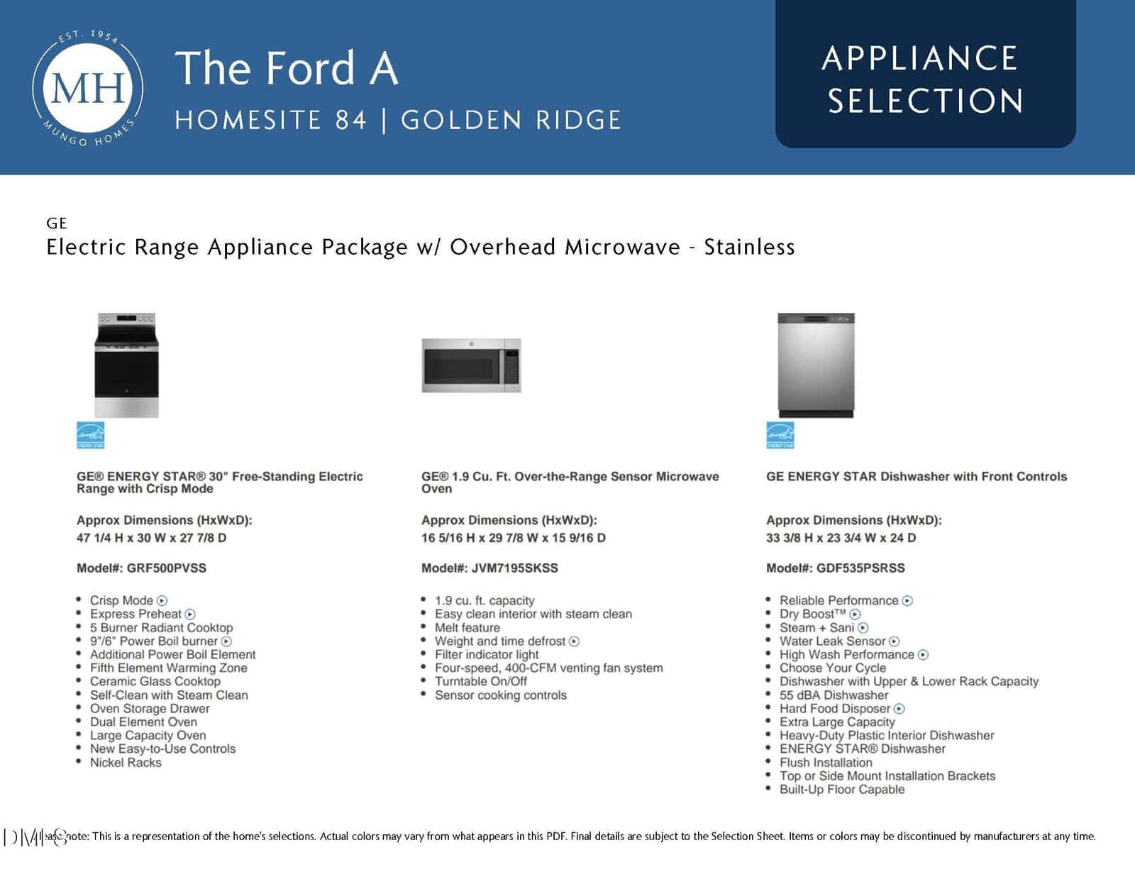 Appliance selection sheet showing a GE electric range, overhead microwave, and dishwasher in stainless steel with appliance specs, measurements, and model numbers listed for Homesite 84 at The Ford at Golden Ridge.
