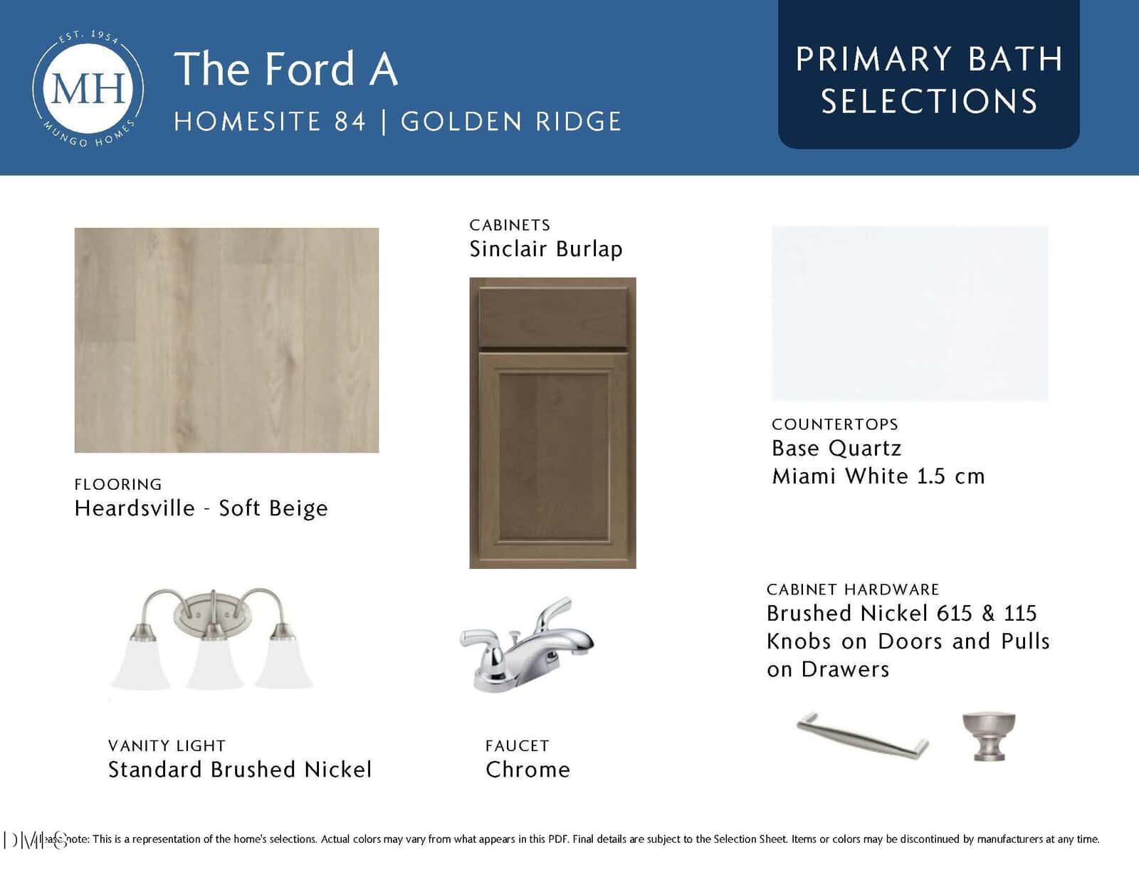 Primary bath selections for The Ford A at Golden Ridge: Sinclair Burlap cabinet, base quartz Miami White countertop, Heardsville soft beige flooring, brushed nickel vanity light, chrome faucet, and brushed nickel hardware.