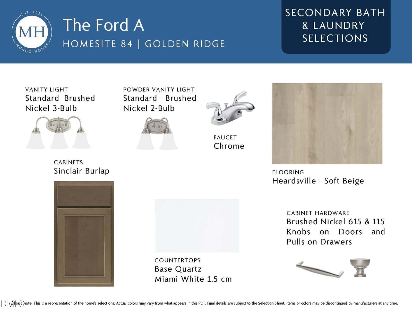 Secondary bath and laundry design selections featuring brushed nickel lighting and faucet, burlap-colored cabinets, soft beige flooring, white quartz countertops, and nickel knobs on doors and drawers.