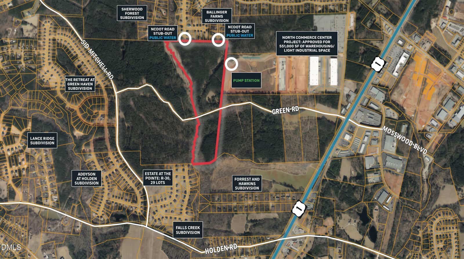 Aerial map showing subdivisions, roads, and landmarks. A red outline highlights a specific area near Scott Road and 0 Green Road, Youngsville. Key locations, such as subdivisions, a pump station, and rights of way, are labeled across the map.