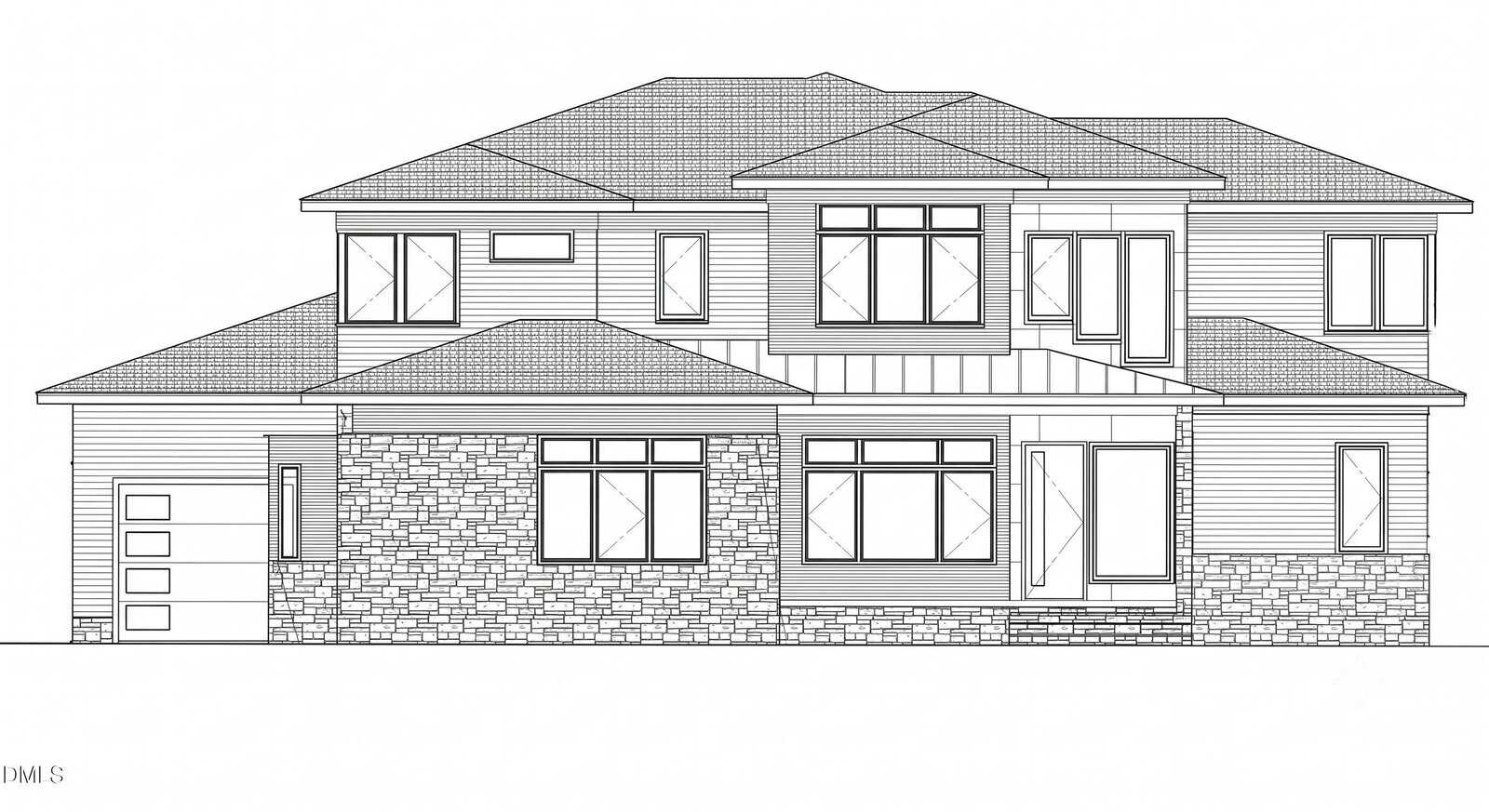 Black and white architectural drawing of a two-story modern house at 30 Hidden Lake Drive, Youngsville, featuring multiple rooflines, large windows, a mix of siding and stone exterior, a single garage door on the left, and a main entrance with steps.