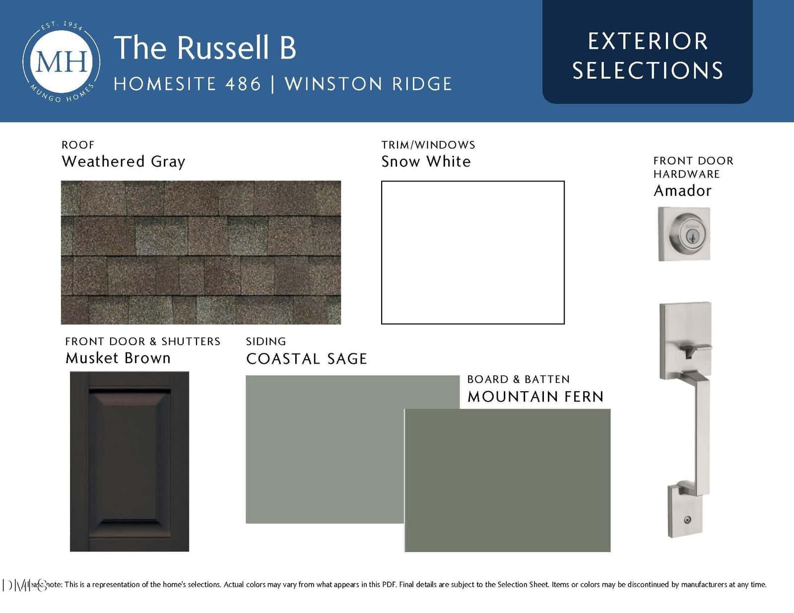 Exterior selections for The Russell B home: weathered gray roof, snow white trim/windows, musket brown front door and shutters, coastal sage siding, mountain fern board & batten, and an Amador front door hardware set.