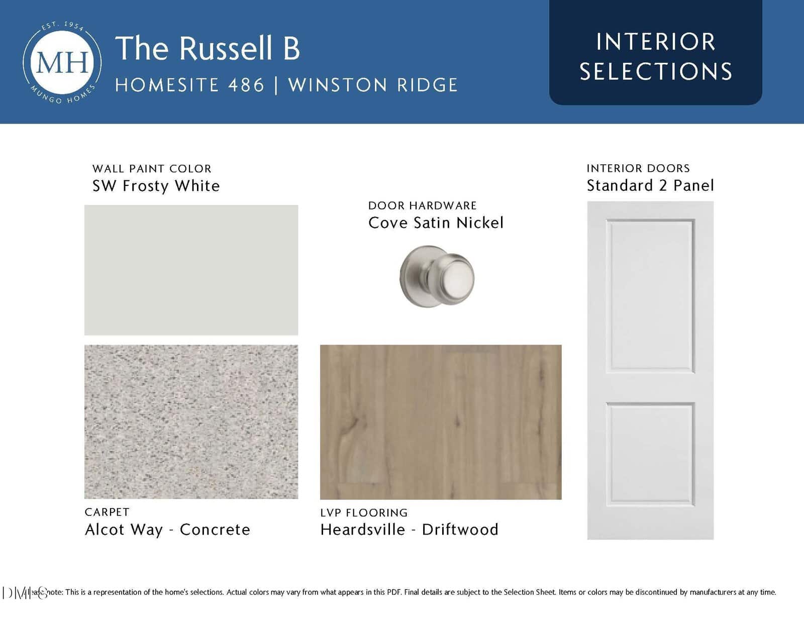Sample board showing SW Frosty White paint, Cove Satin Nickel door hardware, Standard 2 Panel interior doors, Alcot Way Concrete carpet, and Heardsville Driftwood LVP flooring for the Russell B home.