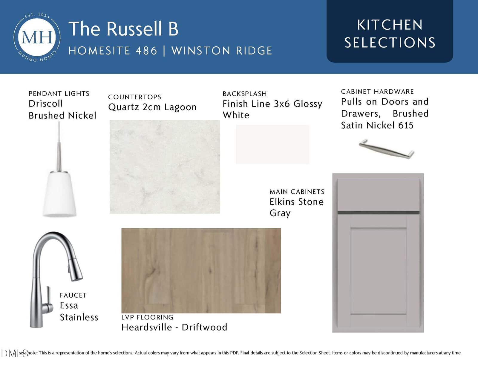 Kitchen selections board for The Russell B home, showing samples: quartz countertop, glossy white tile backsplash, gray cabinet, driftwood vinyl flooring, brushed nickel hardware, and stainless faucet.