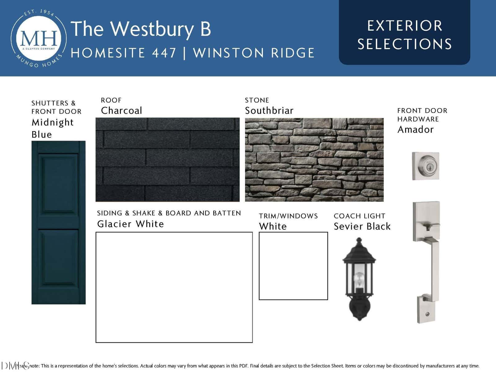 Exterior selections for The Westbury B at Homesite 447 showing samples: midnight blue shutters and door, charcoal roof, Southbriar stone, glacier white siding, white trim, amador front door hardware, black coach light.