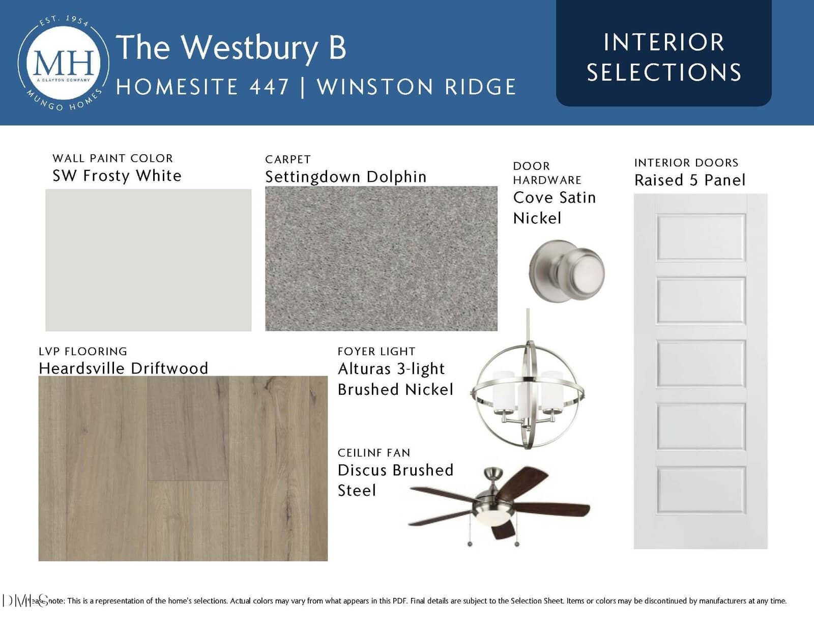 Interior design selection board for The Westbury B model, featuring paint, carpet, flooring, lighting, door hardware, ceiling fan, and a 5-panel door style, all in neutral tones of gray, taupe, and brushed nickel.