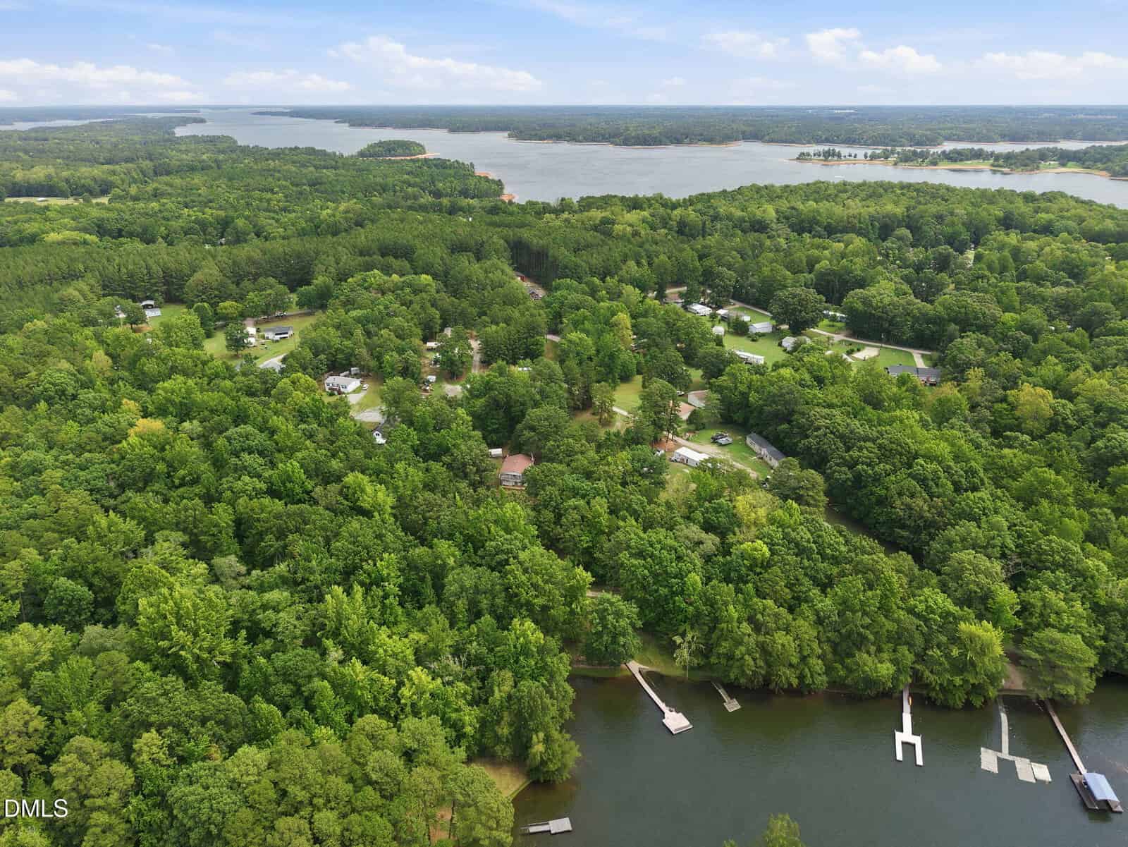 Aerial view of a lush, green lakeside community with scattered homes, docks, and boats along a calm waterfront, surrounded by dense forest and distant water and land on the horizon.
