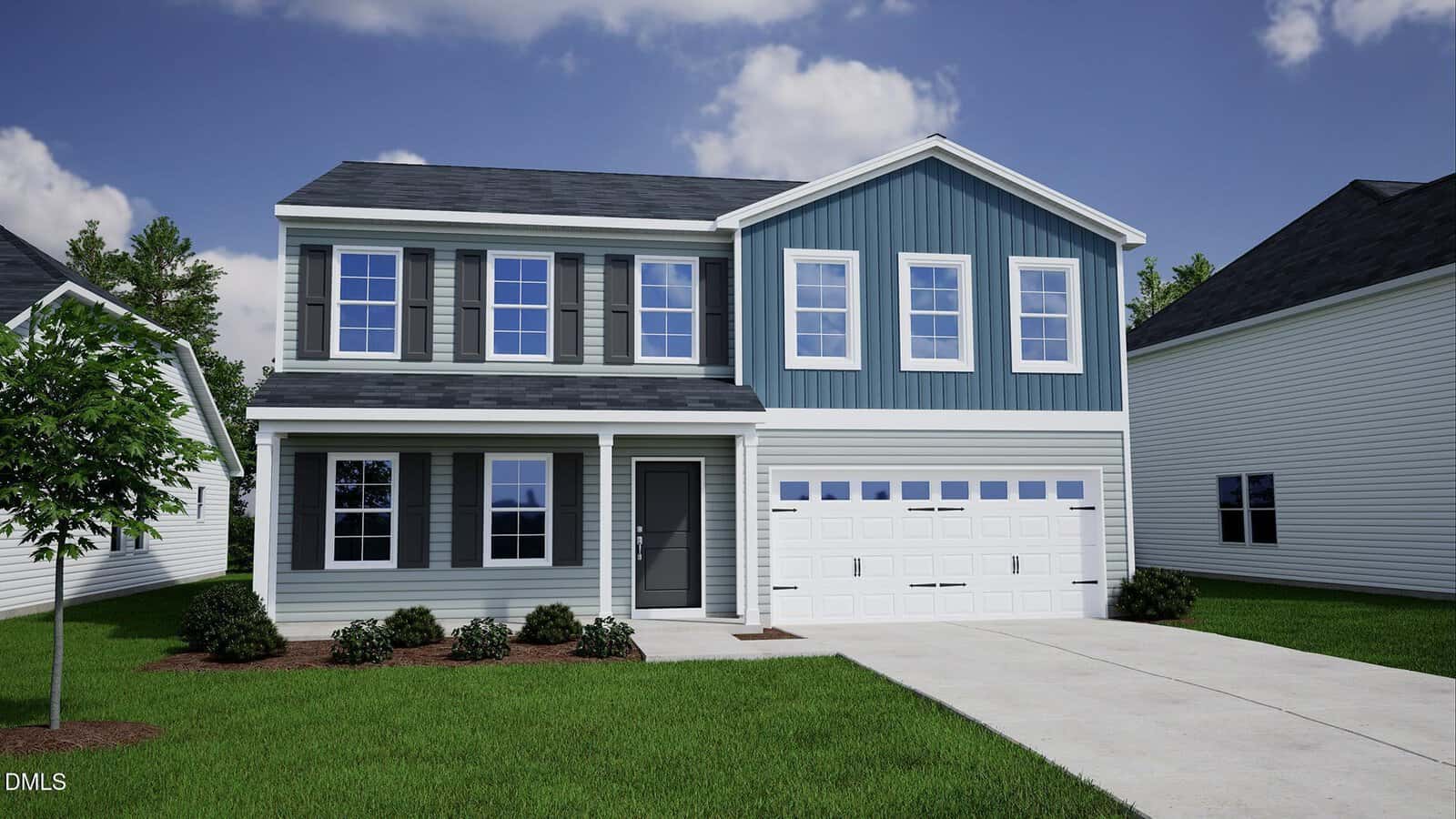 Charming two-story suburban house at 45 Mist Flower Drive in Youngsville, featuring blue and gray siding, white trim, and a welcoming front porch. The property includes a double garage, several windows, a small tree, well-maintained shrubs, and a lush green lawn under a blue sky with scattered clouds.