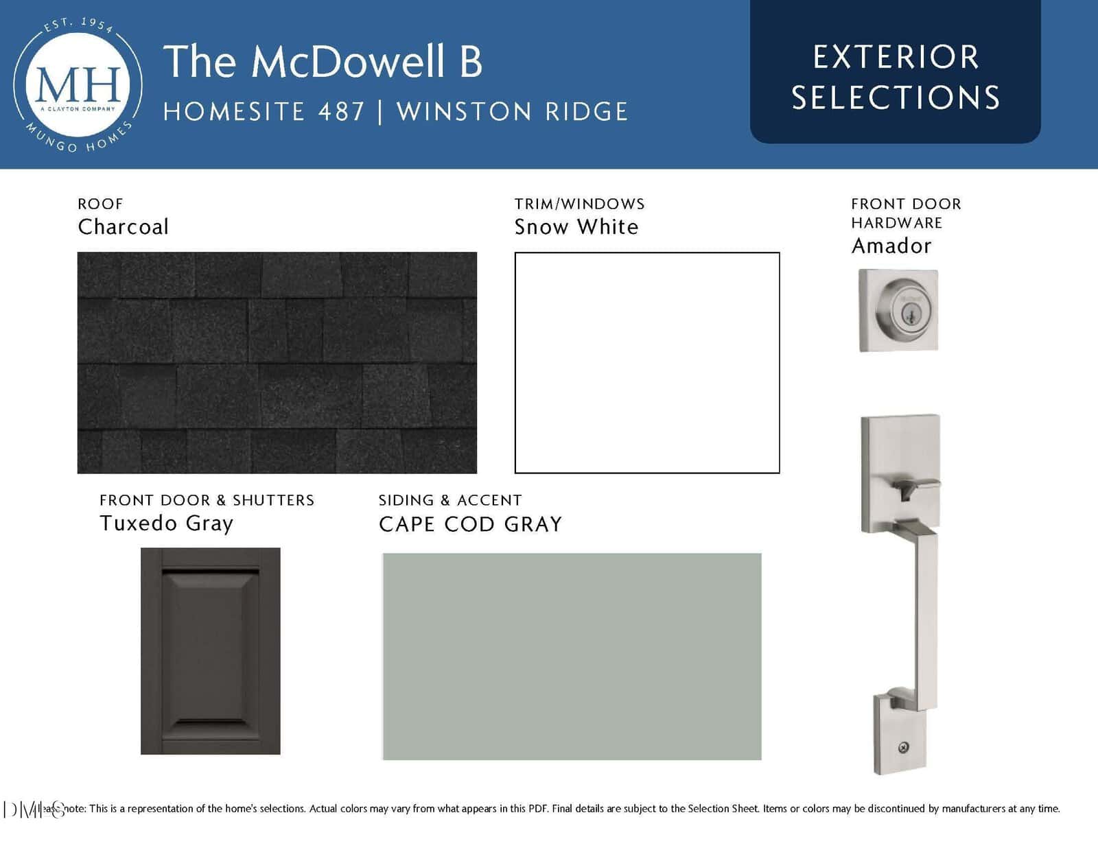 A home exterior selection board shows samples labeled as Charcoal roof, Snow White trim/windows, Tuxedo Gray doors and shutters, Cape Cod Gray siding, and Amador silver front door hardware.