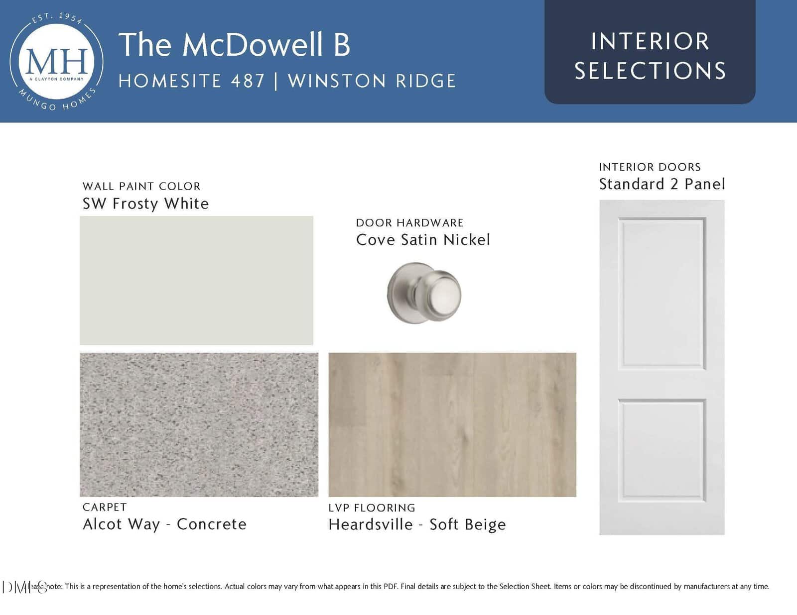 Interior selections board for The McDowell B, showing SW Frosty White paint, Cove Satin Nickel door hardware, Alcot Way-Concrete carpet, Heardsville-Soft Beige flooring, and a 2-panel standard door.