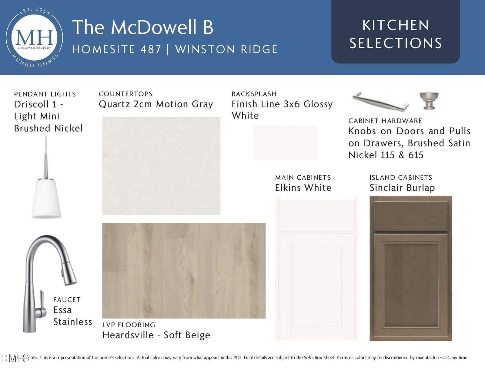 Kitchen selections board for The McDowell B model, featuring white quartz countertop, brushed nickel light, white backsplash, white and beige cabinets, beige flooring, stainless faucet, and simple brushed nickel hardware.