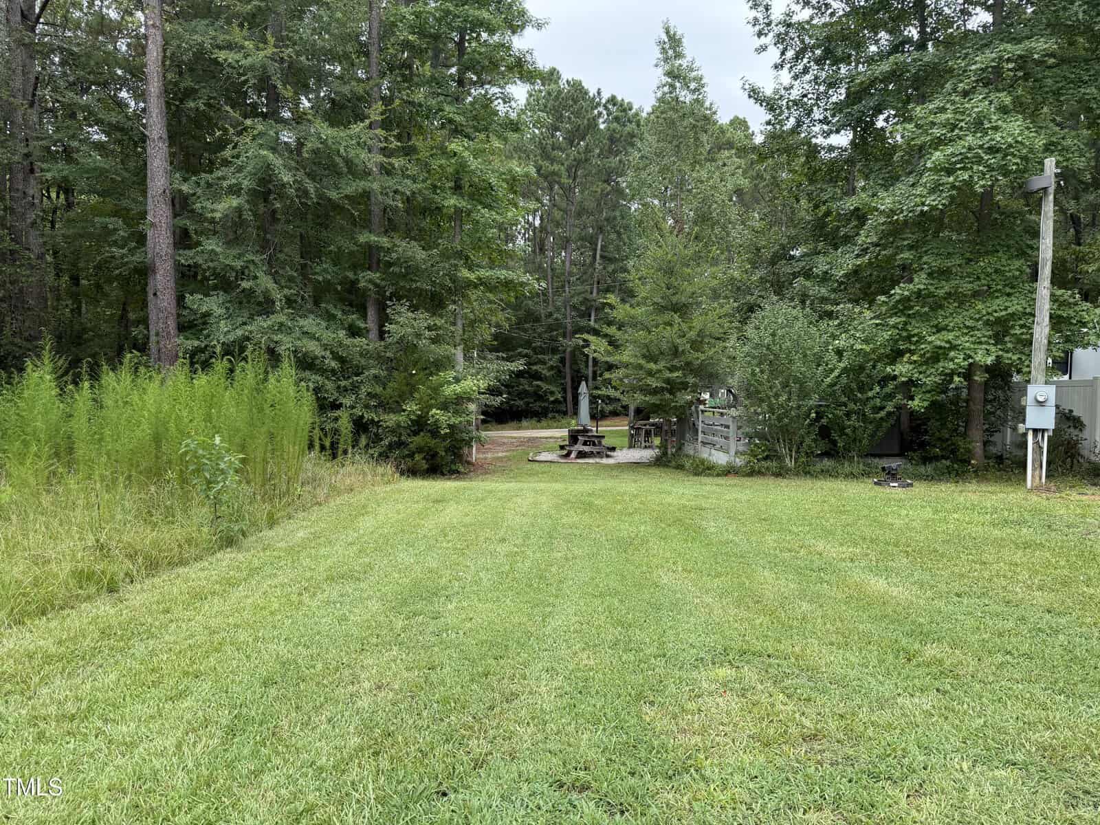 A grassy lawn at 124 Kansas Drive in Louisburg leads to a wooded area with picnic tables, a fence, and electrical equipment on the right. Tall trees and plants surround the scene, giving it a secluded, natural feel.