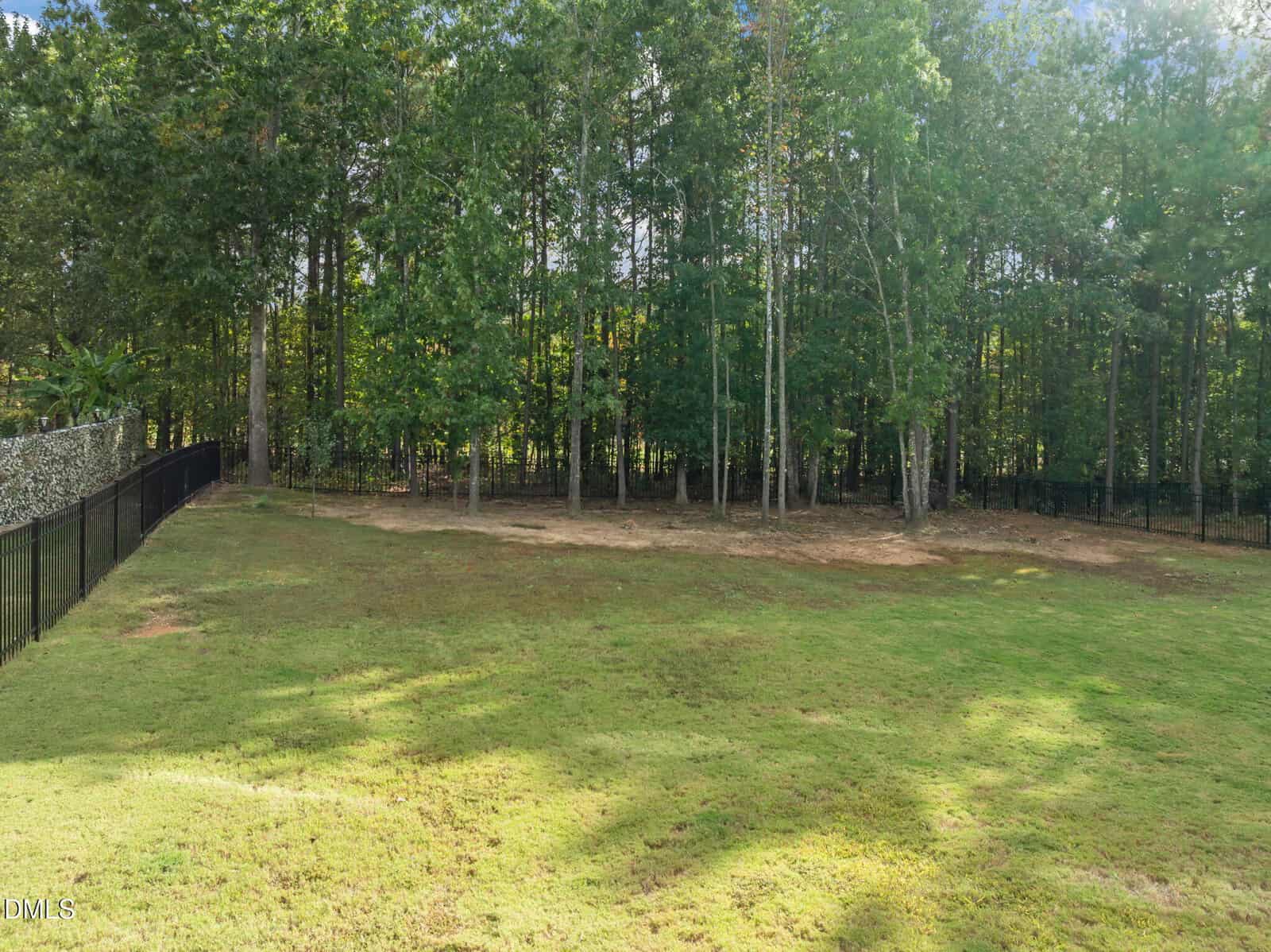 A grassy backyard with patchy areas is bordered by black metal fencing and backed by dense, tall trees under a partly cloudy sky.