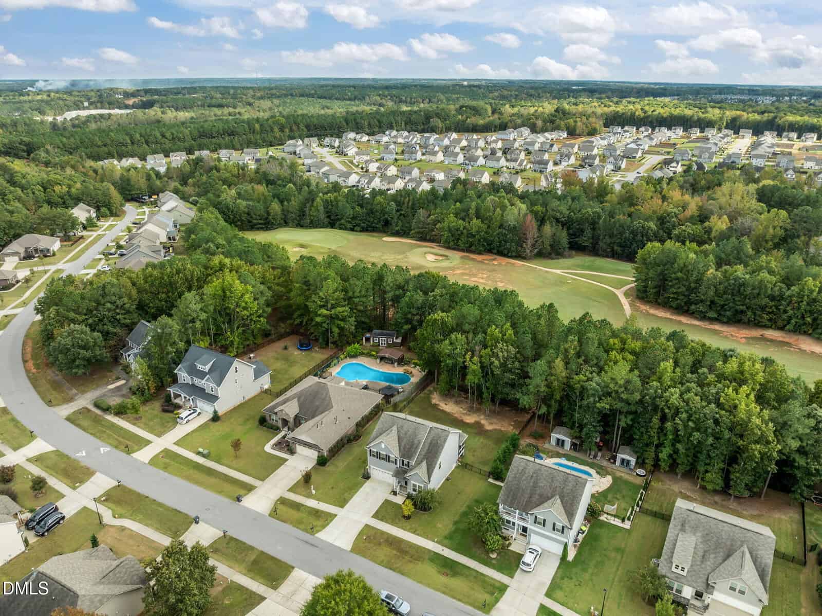 Aerial view of a suburban neighborhood with several houses, a pool in one backyard, tree-lined yards, and a large green area or golf course behind the homes under a partly cloudy sky.
