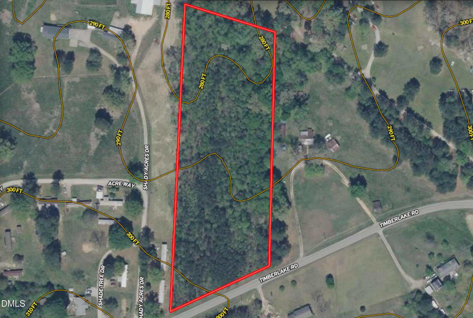 A satellite map shows a wooded rectangular property outlined in red, bordered by Timberlake Road and adjacent smaller residential lots. Yellow contour lines indicate elevation changes across the area.