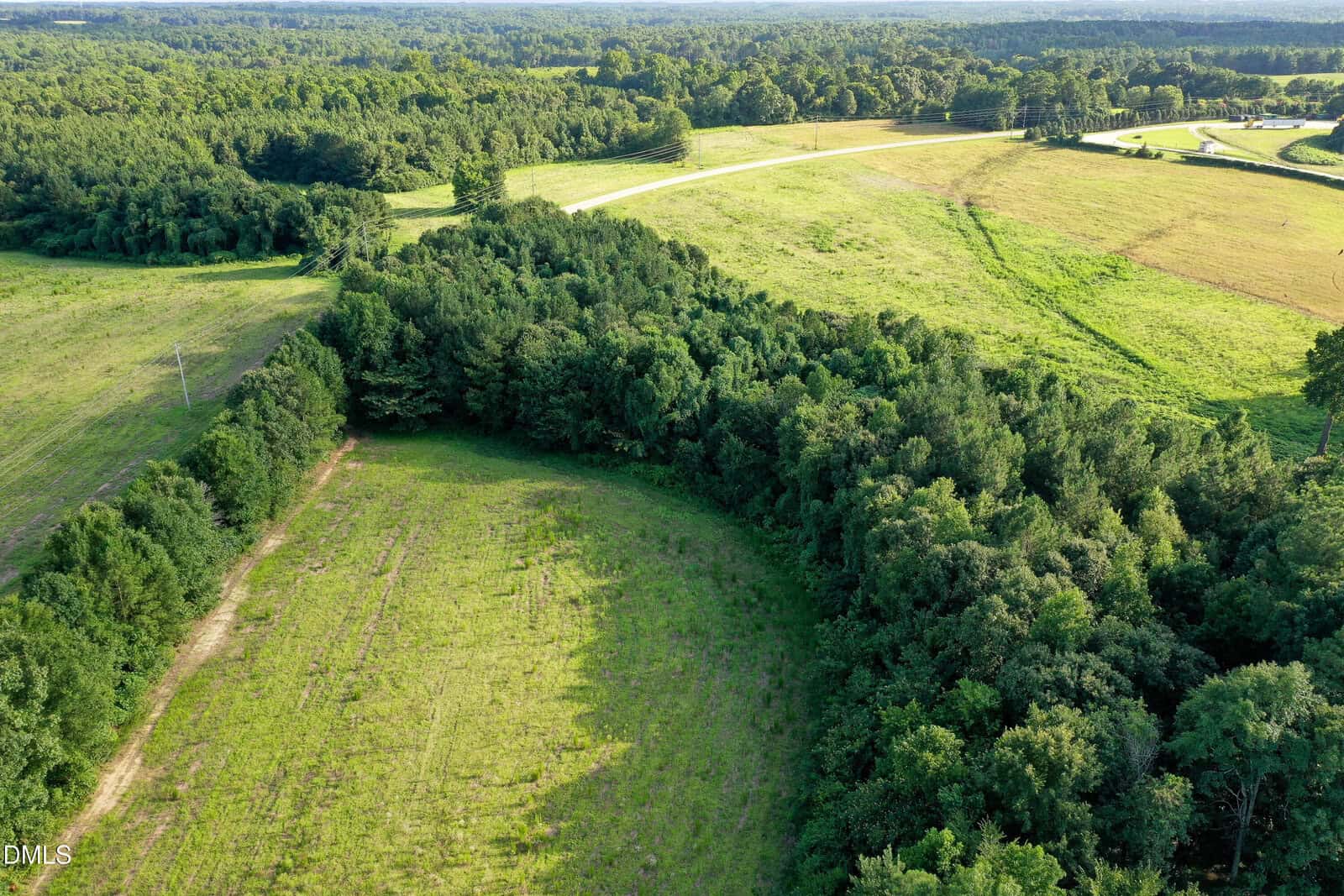 Aerial view of a rural landscape featuring open grassy fields, dense patches of trees, and a winding road in the distance under clear skies.